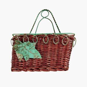 Decorative Wicker Basket Metal Leaf Accents Twisted Handle